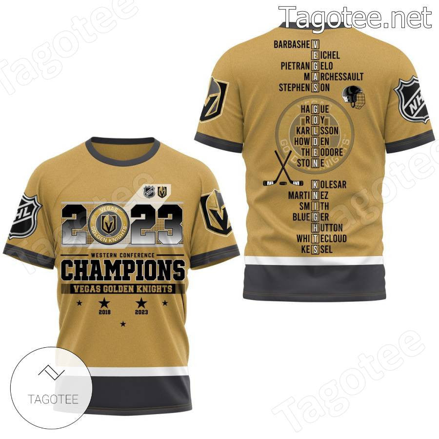 Vegas Golden Knights 2023 Western Conference Champions Players Name All Over Print T-Shirt - Gold