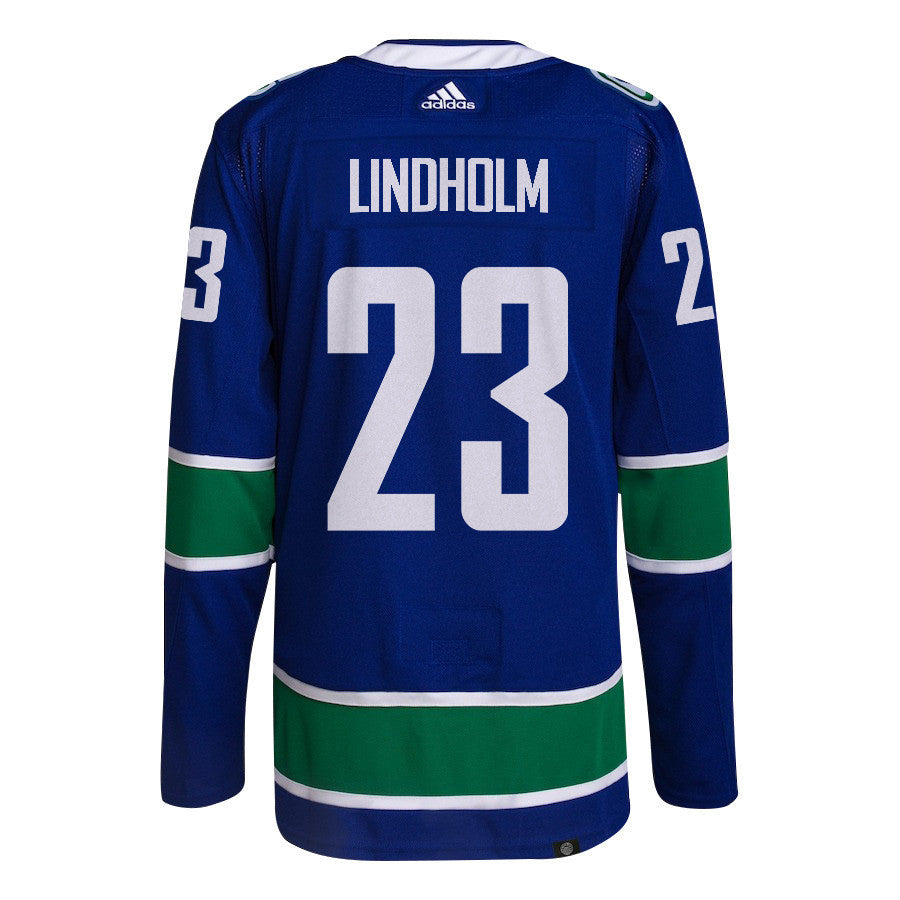 Elias Lindholm 23 Vancouver Canucks 2024 NHL Playoffs Patch Home Jersey - Men, Blue