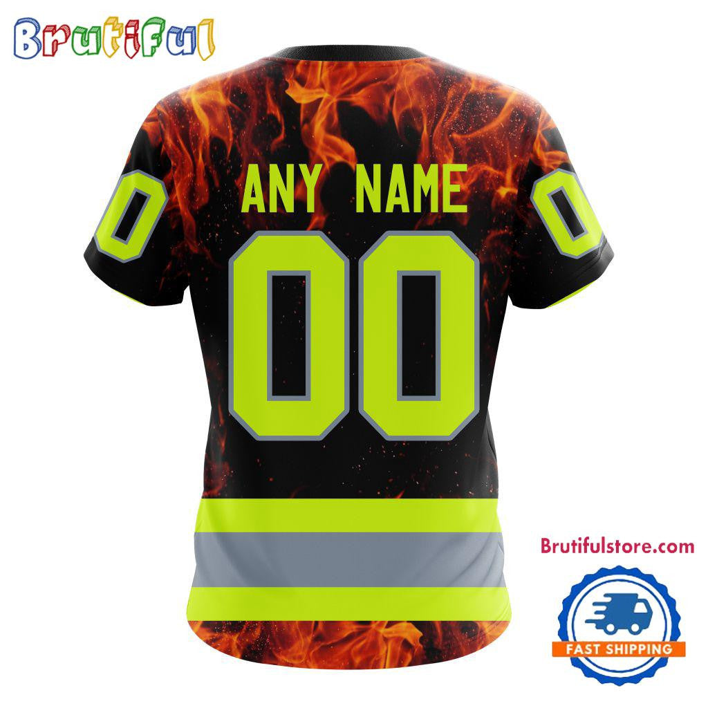 New Jersey Devils Special Honoring Firefighters Custom Name Number All Over Printed T-shirt - Black