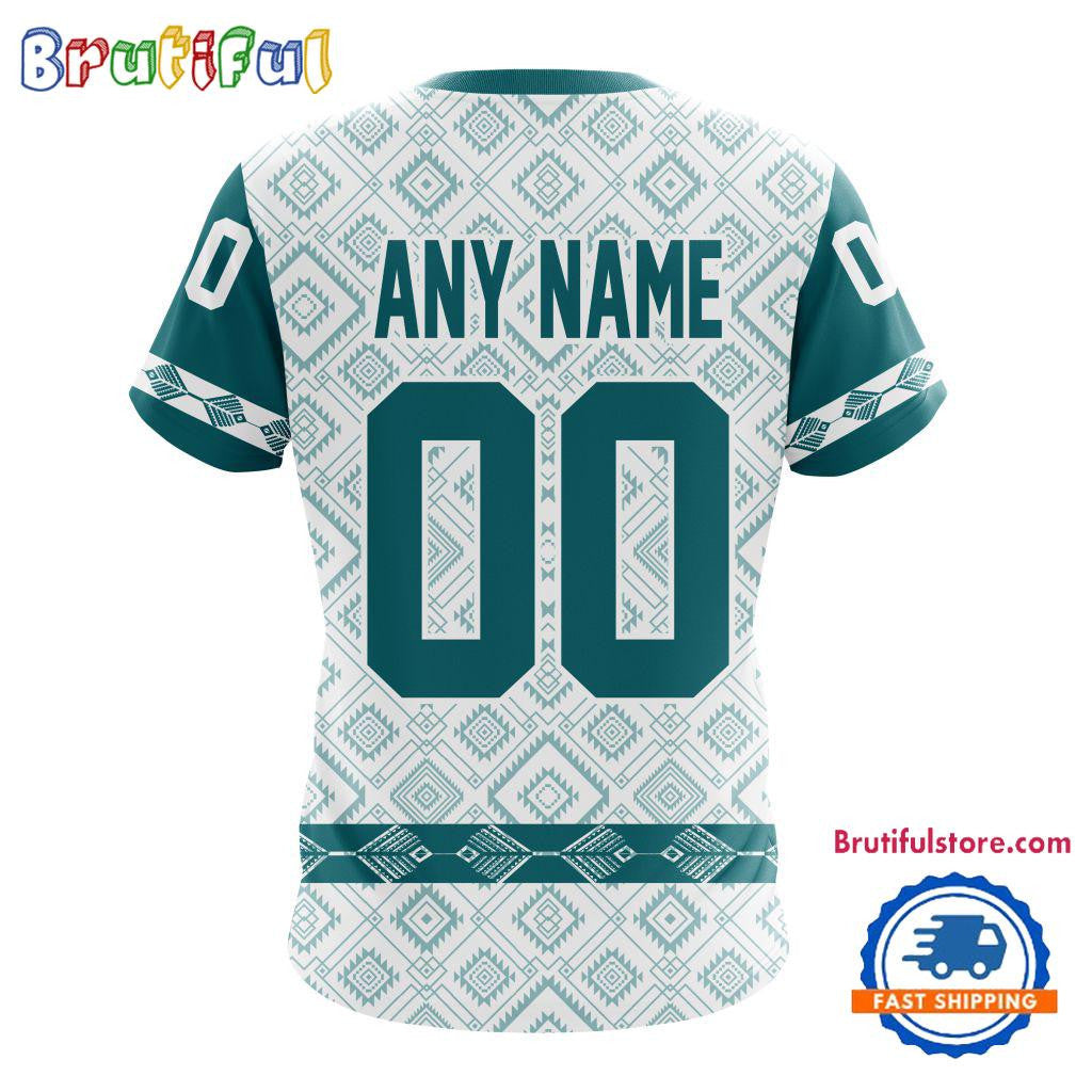 San Jose Sharks Hockey Team Native Heritage Design Custom Name Number All Over Printed T-shirt - White