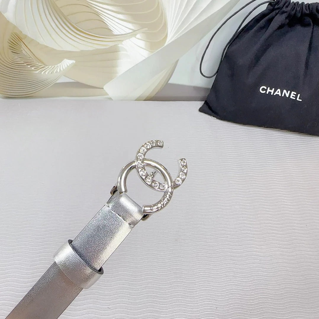 CC BELT 20 MM IN SILVER SMOOTH CALFSKIN SILVER HARDWARE ATTACH RHINSTONE