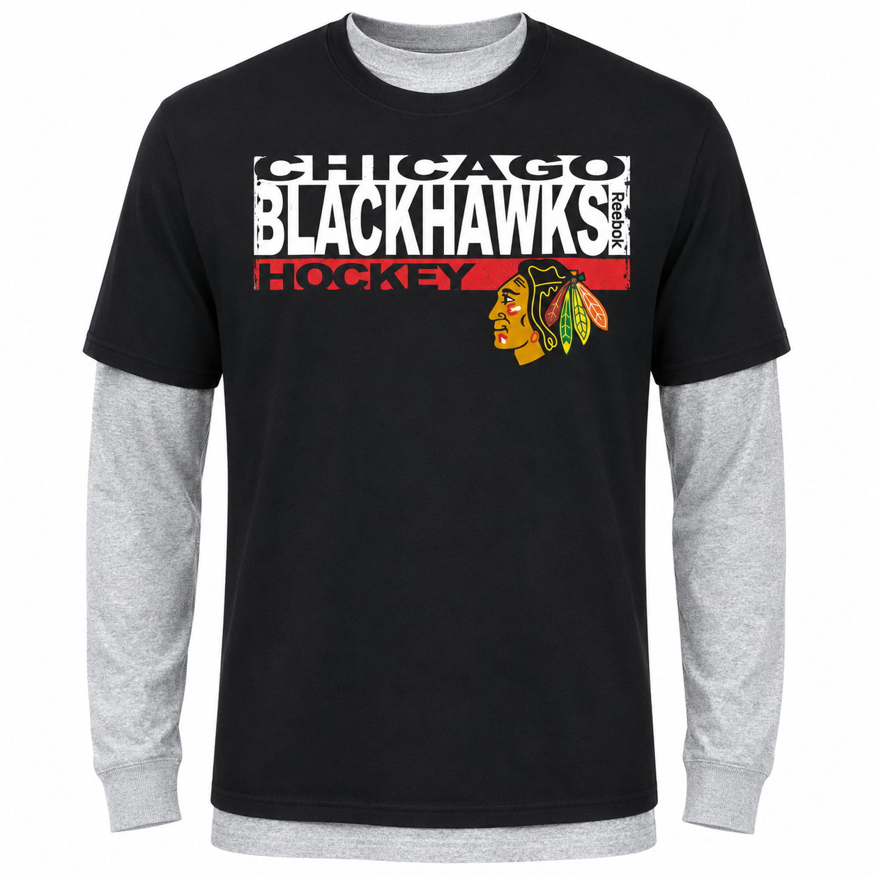 NHL Chicago Blackhawks Youth Reebok Black/Gray 2 In One Long Sleeve/Short Sleeve Combo T-Shirt