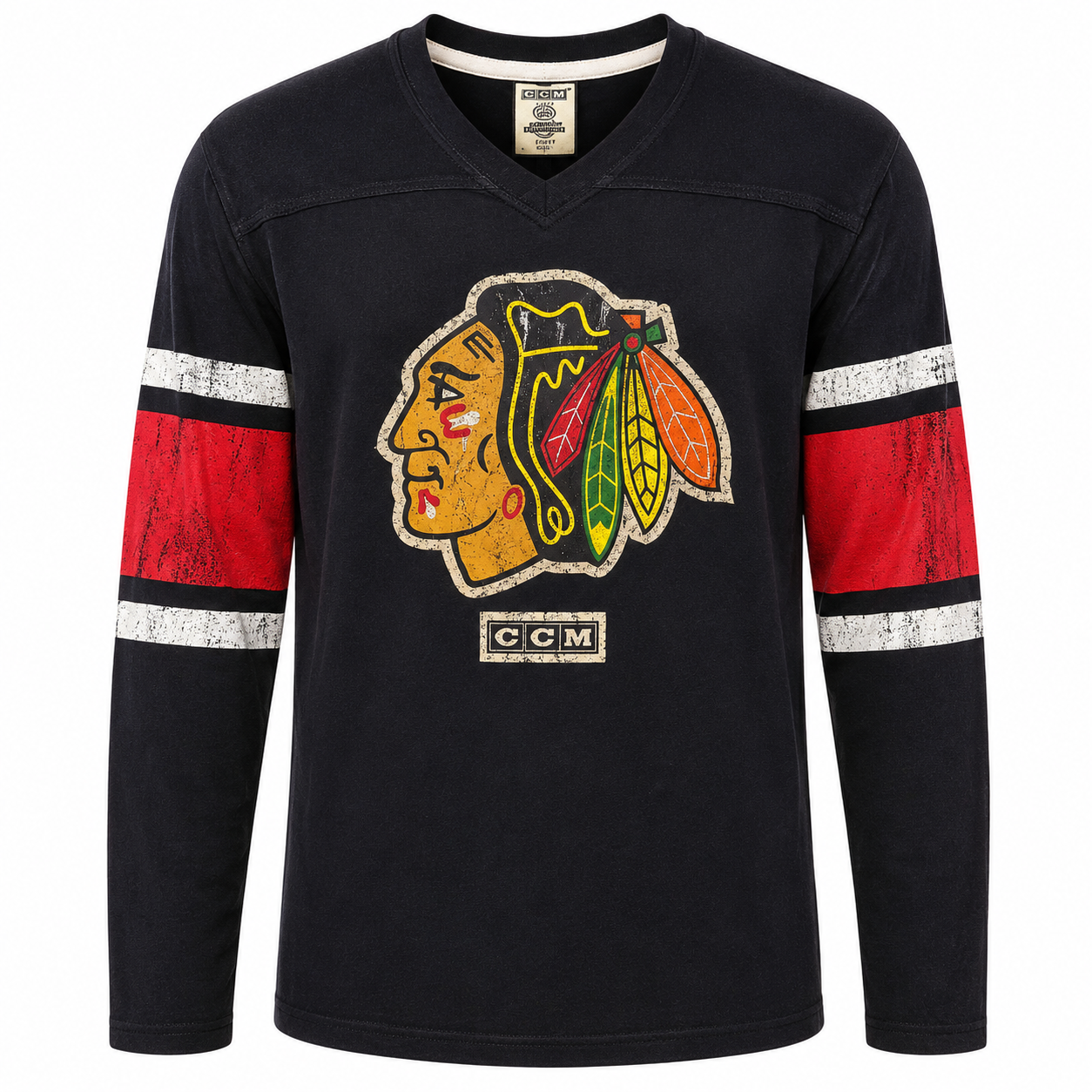 Youth Chicago Blackhawks CCM Black Patched Logo Long Sleeve Tee