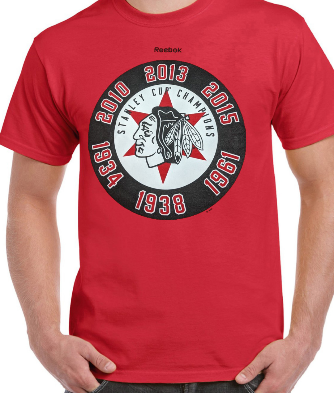 Men's Chicago Blackhawks Reebok Red 6 Time Champions Star Tee