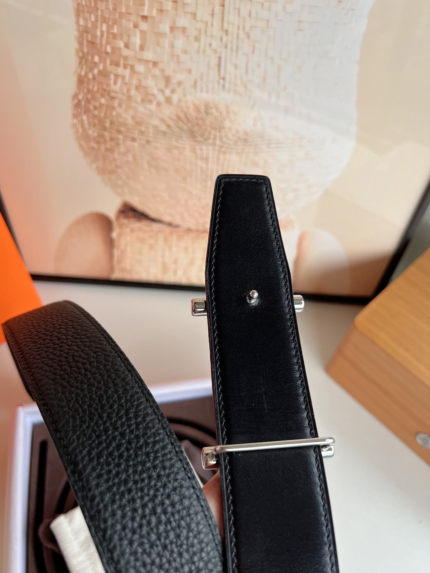 HM H D'ANCRE BELT BUCKLE & REVERSIBLE BLACK LEATHER STRAP 38 MM SILVER HARDWARE