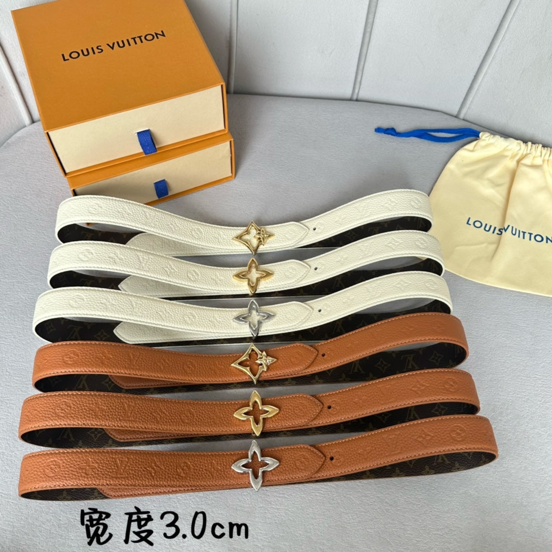 LV MINI FLOWERGRAM 30MM REVERSIBLE BELT IN WHITE EMBOSSED CALFSKIN GOLD HARDWARE