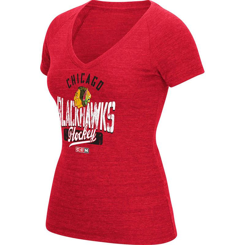 Women's Chicago Blackhawks CCM Heather Red Arch Down V-Neck Tee