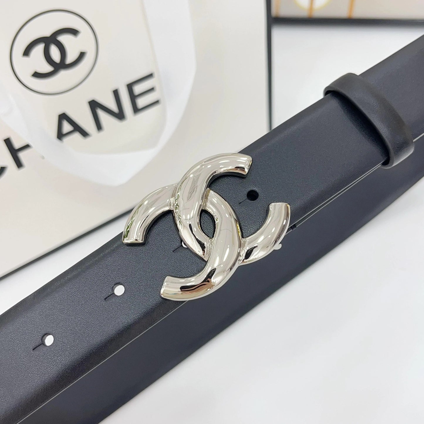 DOUBLE C BELT 30MM IN BLACK CALFSKIN WITH SHINY SILVER BUCKLE