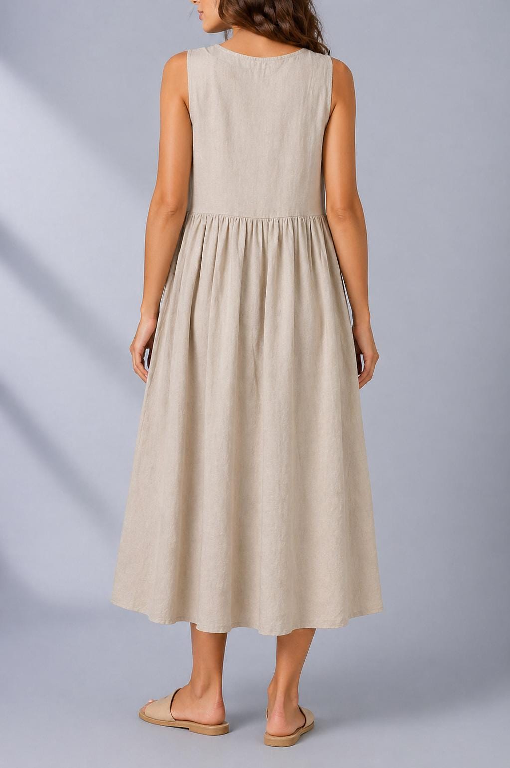 Linen Midi Dress, Sleeveless V Neck, Minimalist Loose Fit Summer Wear, Button Front Boho Style, Beach Outfit,