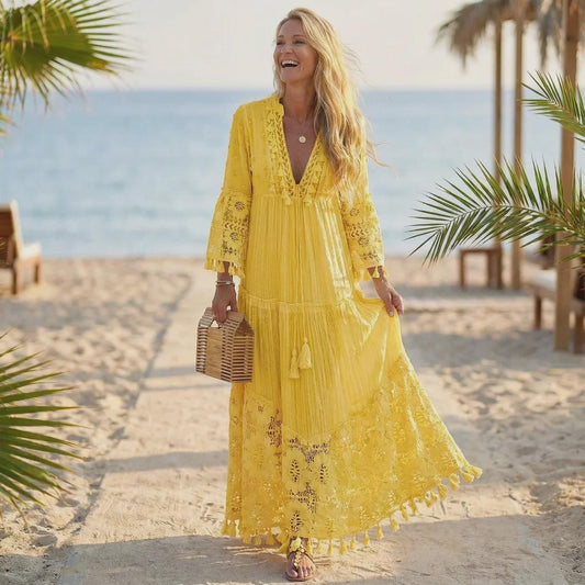 Boho Maxi Dress for Women, Lace Beach Dress, Flowy Vacation Outfit, Romantic Summer Dress, Elegant Resort Wear Dress