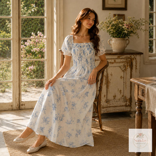 Blue Floral Maxi Dress - Smocked Puff Sleeve Sundress, Cottagecore Outfit, Summer