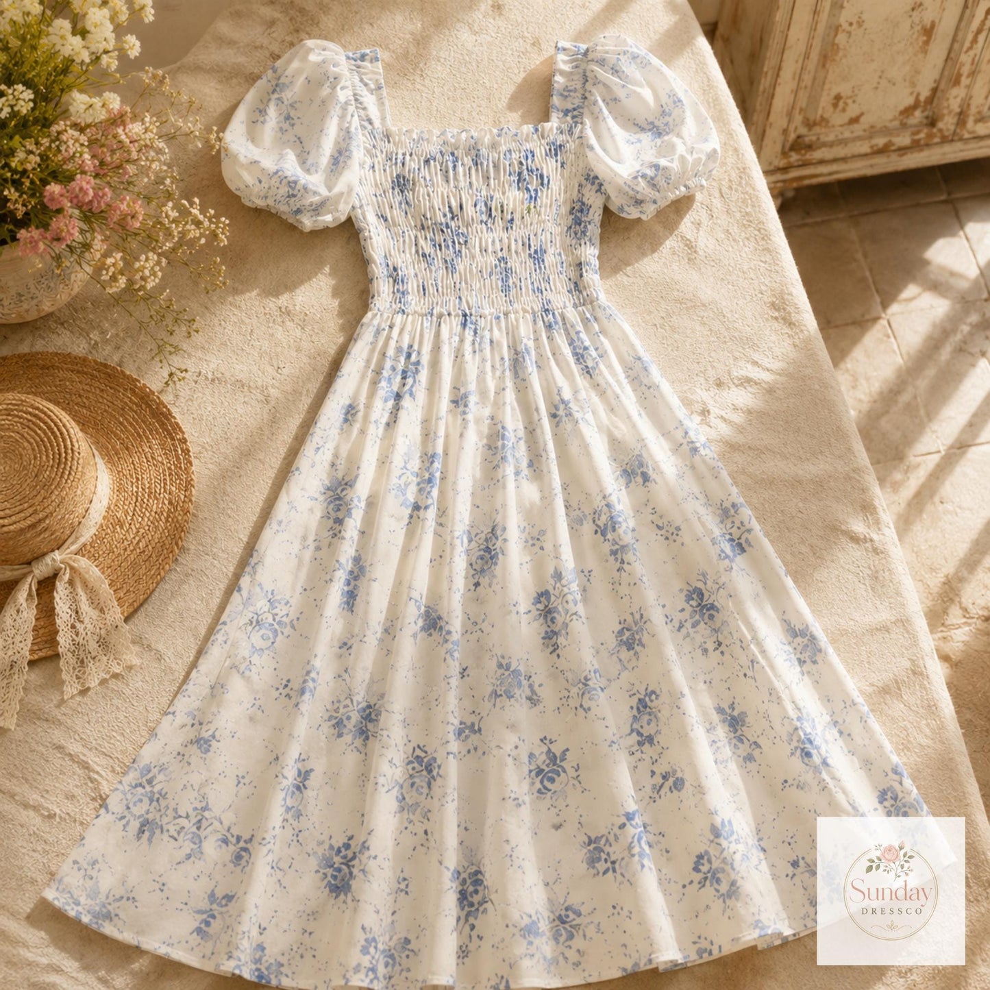 Blue Floral Maxi Dress - Smocked Puff Sleeve Sundress, Cottagecore Outfit, Summer