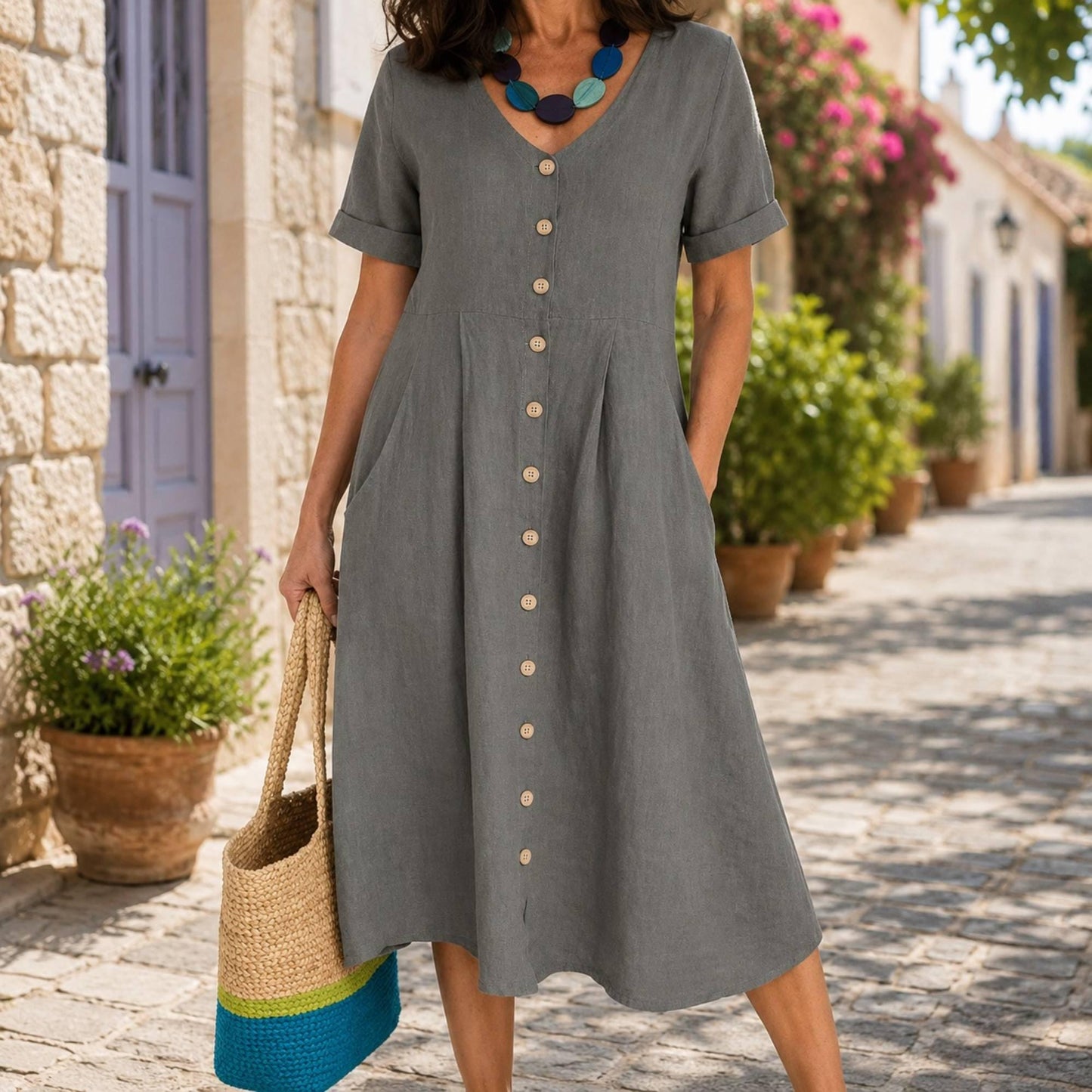 Cotton Linen Blend Midi Dress, Button Front Dress, Casual Summer Outfit, Pockets, Loose Fit