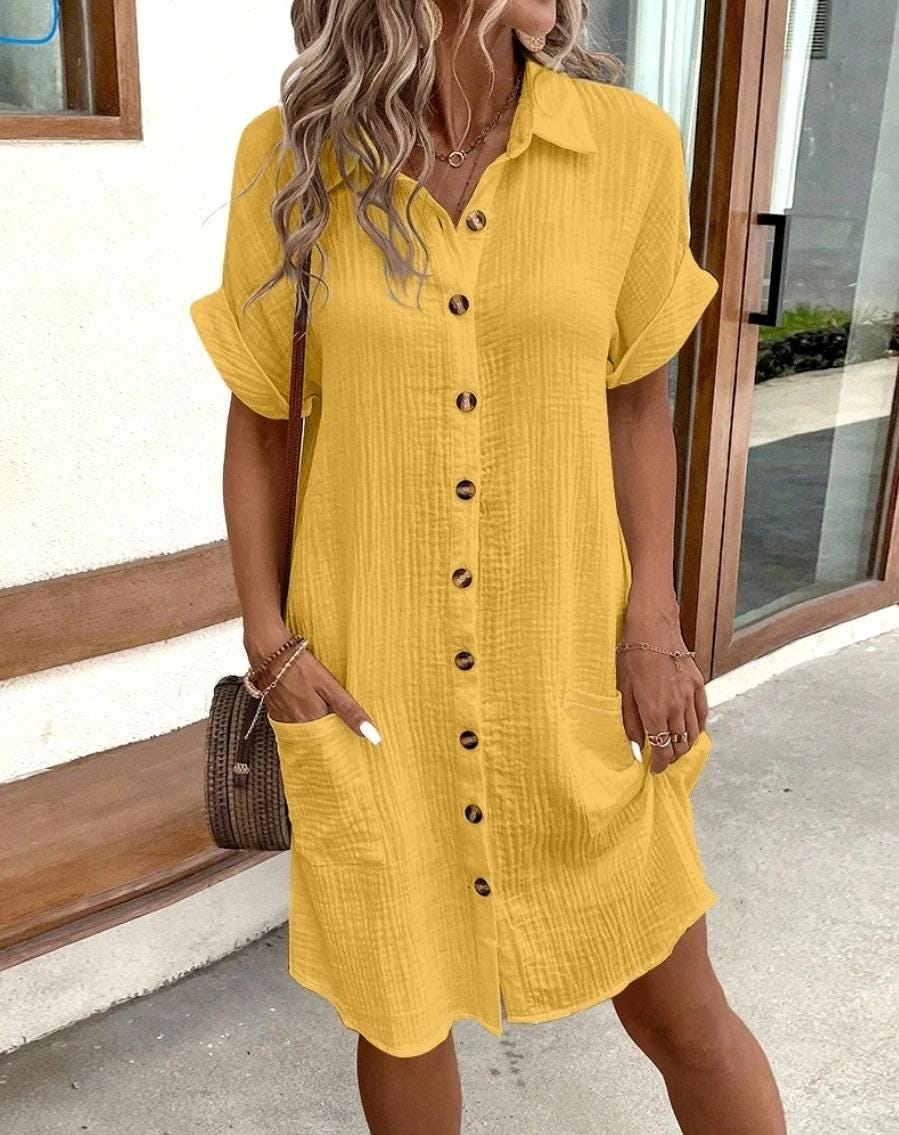 Vintage Cotton Linen Dress Women V Neck Summer Mini Dress