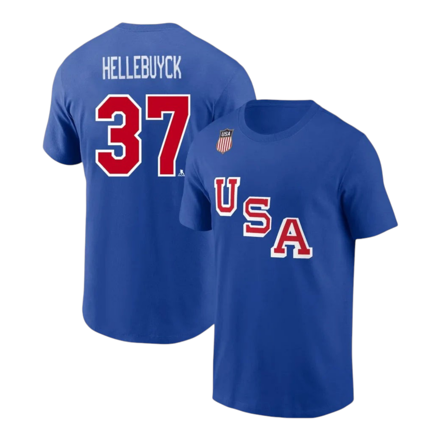 Men's Nike Connor Hellebuyck Royal USA Hockey 2026 Name & Number T-Shirt