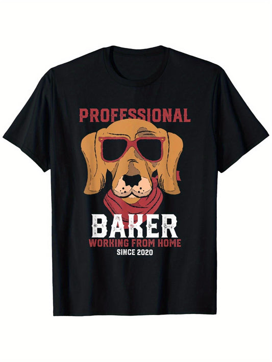 Men's Funny Working From Home Baker & Dog Lover T-Shirt - Pastry Chef Baking Short Sleeve Tee, 100% Cotton 180g Casual Shirt with Dog & Dough Graphics, S-XXXL for & Baking Enthusiasts