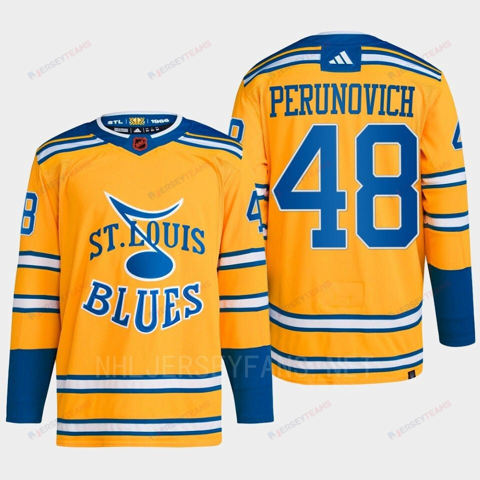 Scott Perunovich 48 Reverse Retro 2.0 2022 St. Louis Blues Yellow Jersey Primegreen