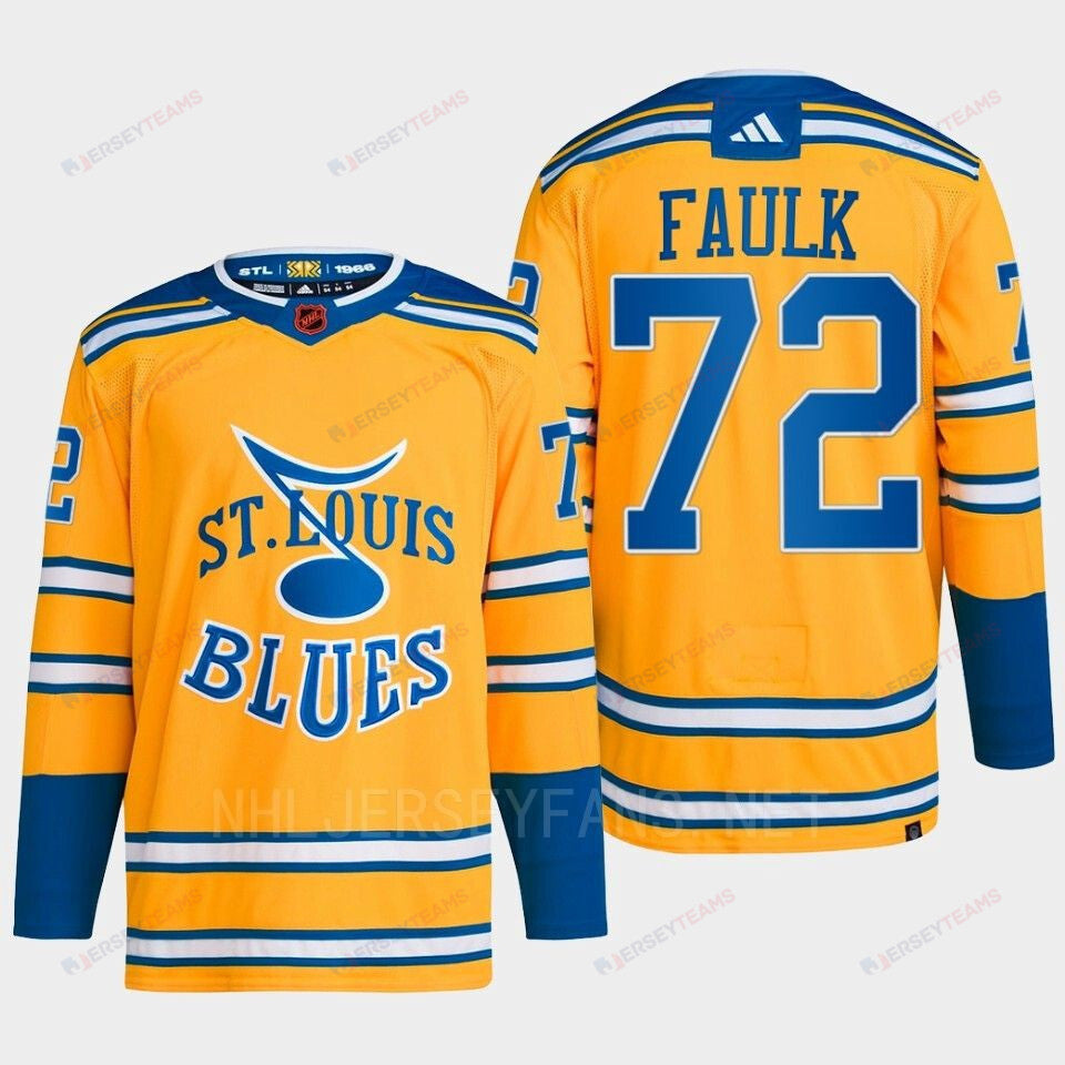 Justin Faulk 72 Reverse Retro 2.0 2022 St. Louis Blues Yellow Jersey Primegreen