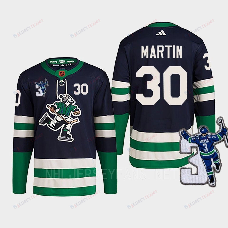 Vancouver Canucks Spencer Martin 30 Navy Reverse Retro 2.0 Kevin Bieska Patch Jersey