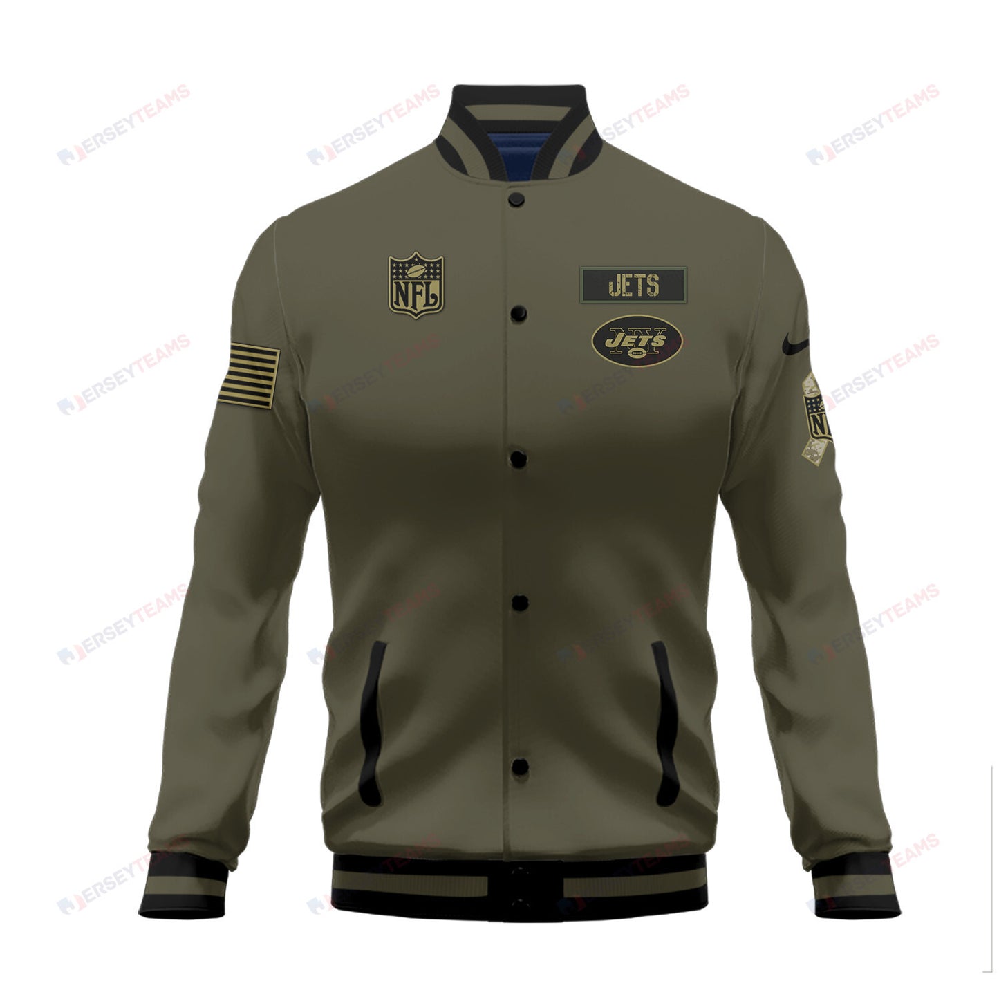 New York Jets 2023 Salute To Service Club Baseball Jacket Varsity Jacket - Green - All-Over-Printed Jacket