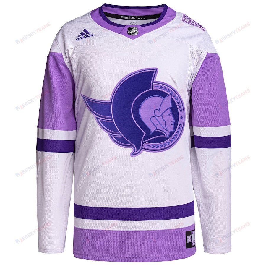 Ottawa Senators Hockey Fights Cancer Primegreen Custom Men Jersey - White/Purple