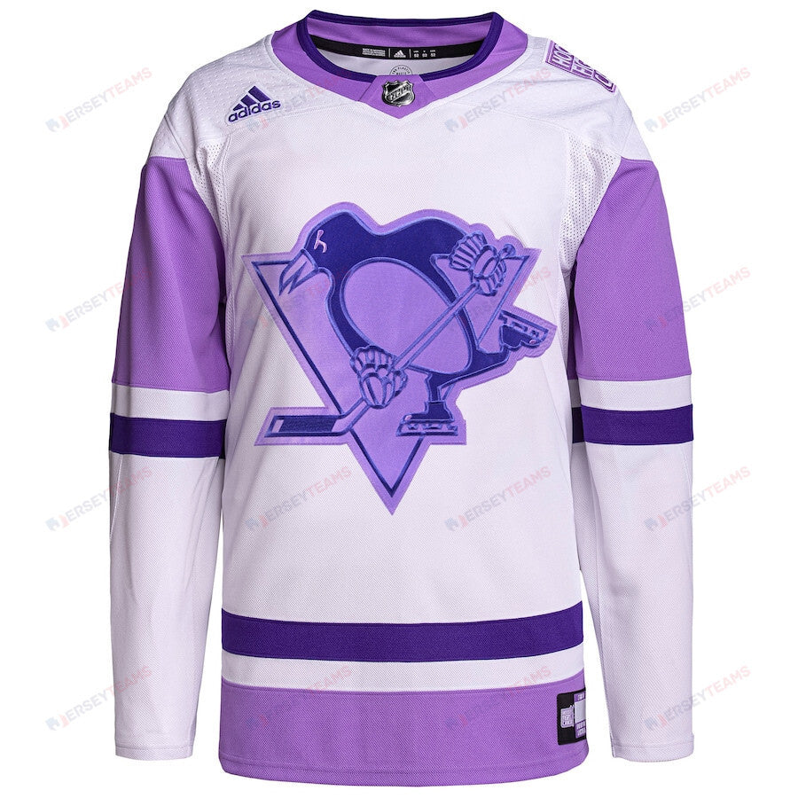 Pittsburgh Penguins Hockey Fights Cancer Primegreen Men Jersey - White/Purple