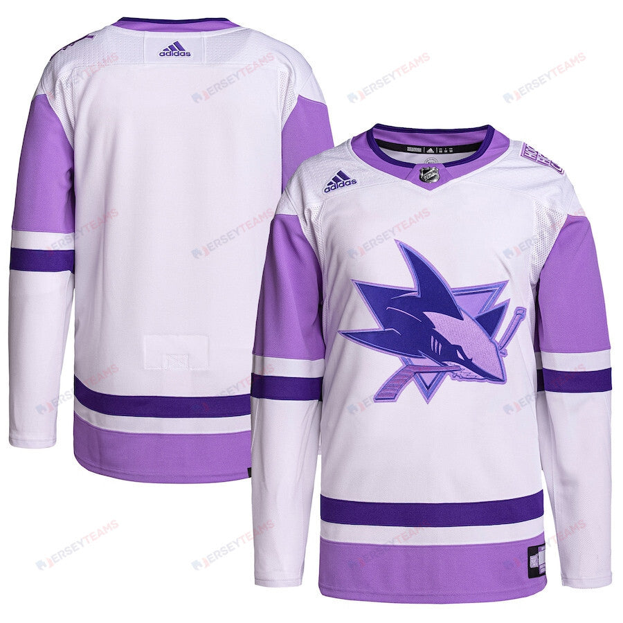 San Jose Sharks Hockey Fights Cancer Primegreen Men Jersey - White/Purple