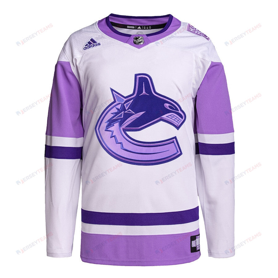 Vancouver Canucks Hockey Fights Cancer Primegreen Men Jersey - White/Purple