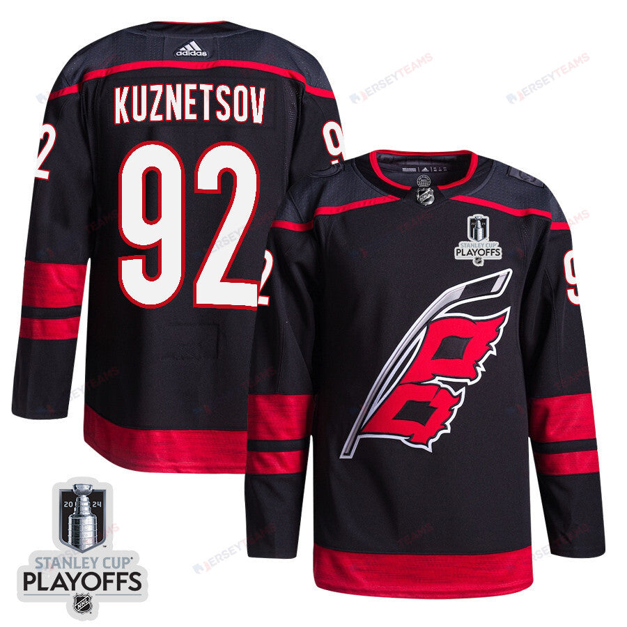 Evgeny Kuznetsov 92 Carolina Hurricanes 2024 NHL Playoffs Patch Home Jersey - Men, Black