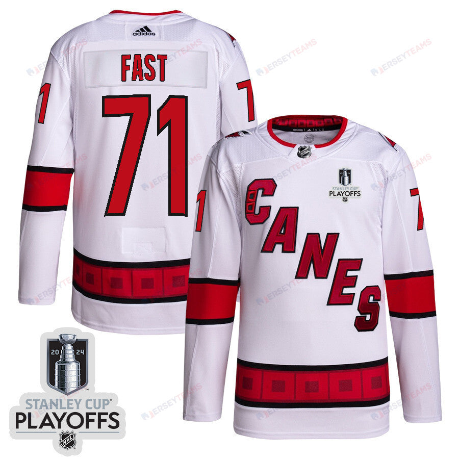 Jesper Fast 71 Carolina Hurricanes 2024 NHL Playoffs Patch Away Jersey - Men, White