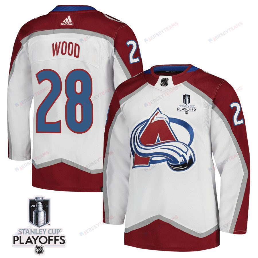 Miles Wood 28 Colorado Avalanche 2024 NHL Playoffs Patch Away Jersey - Men, White