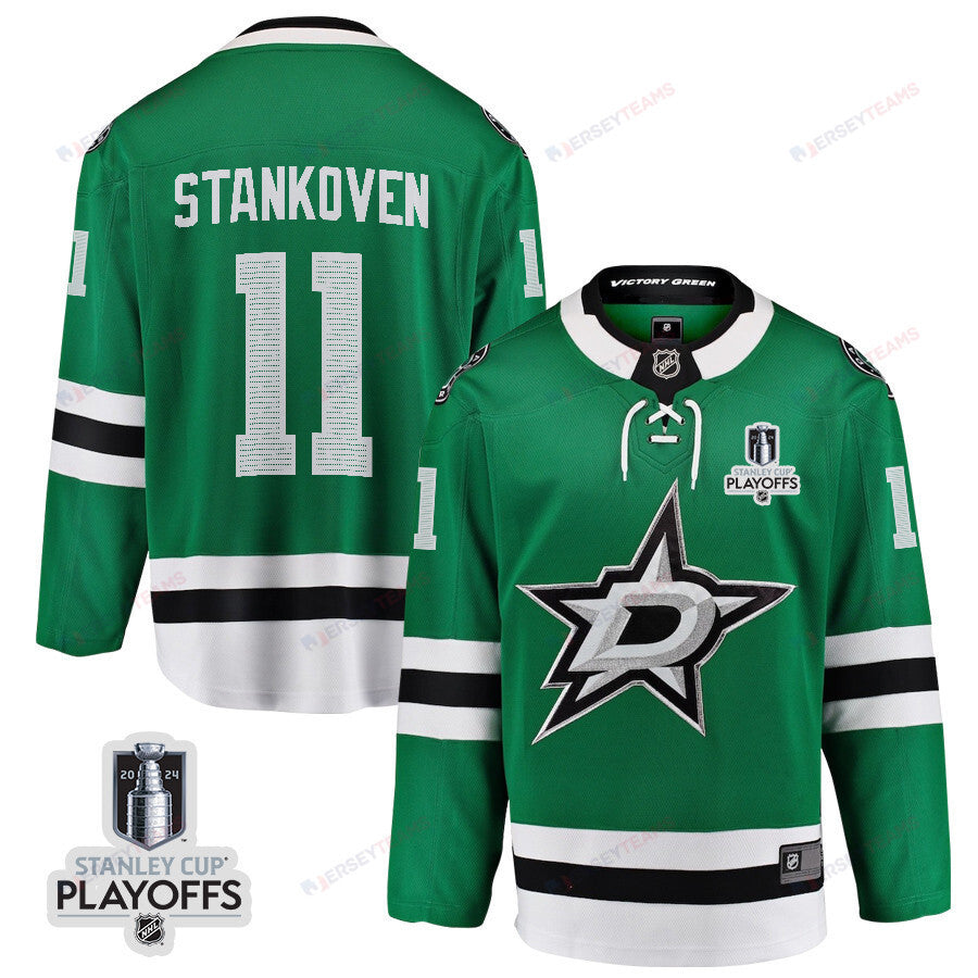 Logan Stankoven 11 Dallas Stars 2024 NHL Playoffs Patch Home Jersey - Men, Green