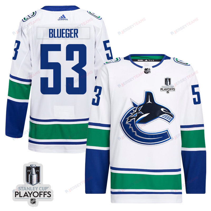 Teddy Blueger 53 Vancouver Canucks 2024 NHL Playoffs Patch Away Jersey - Men, White