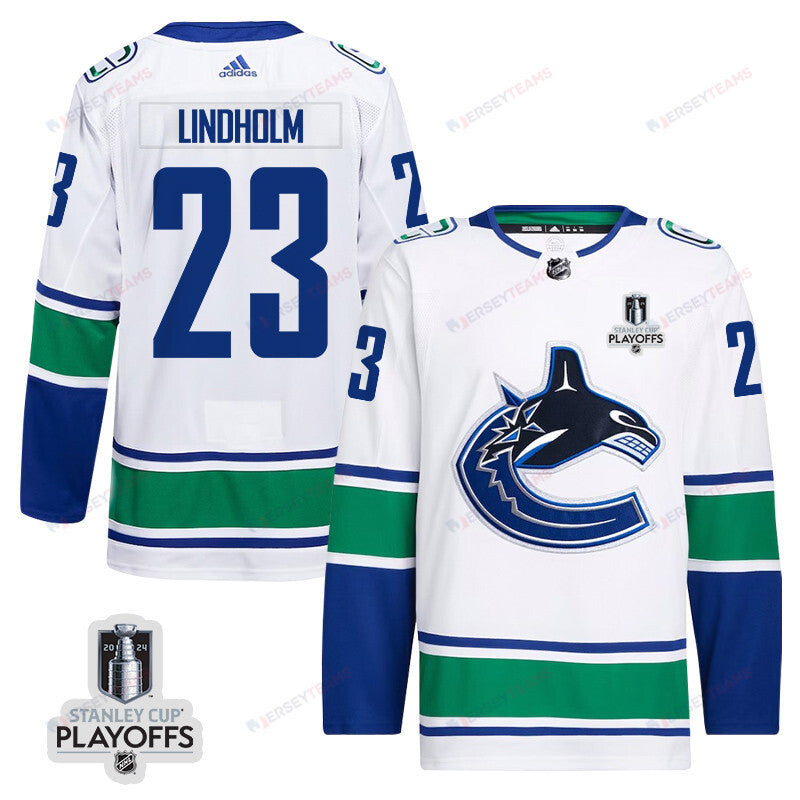 Elias Lindholm 23 Vancouver Canucks 2024 NHL Playoffs Patch Away Jersey - Men, White