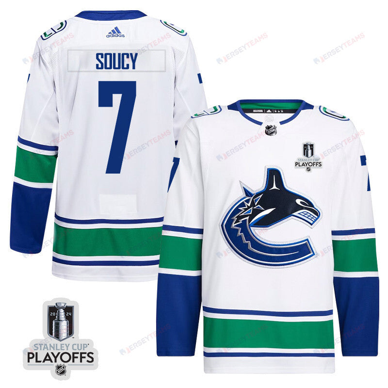 Carson Soucy 7 Vancouver Canucks 2024 NHL Playoffs Patch Away Jersey - Men, White