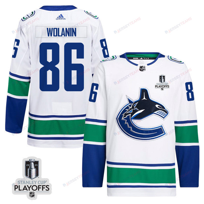 Christian Wolanin 86 Vancouver Canucks 2024 NHL Playoffs Patch Away Jersey - Men, White