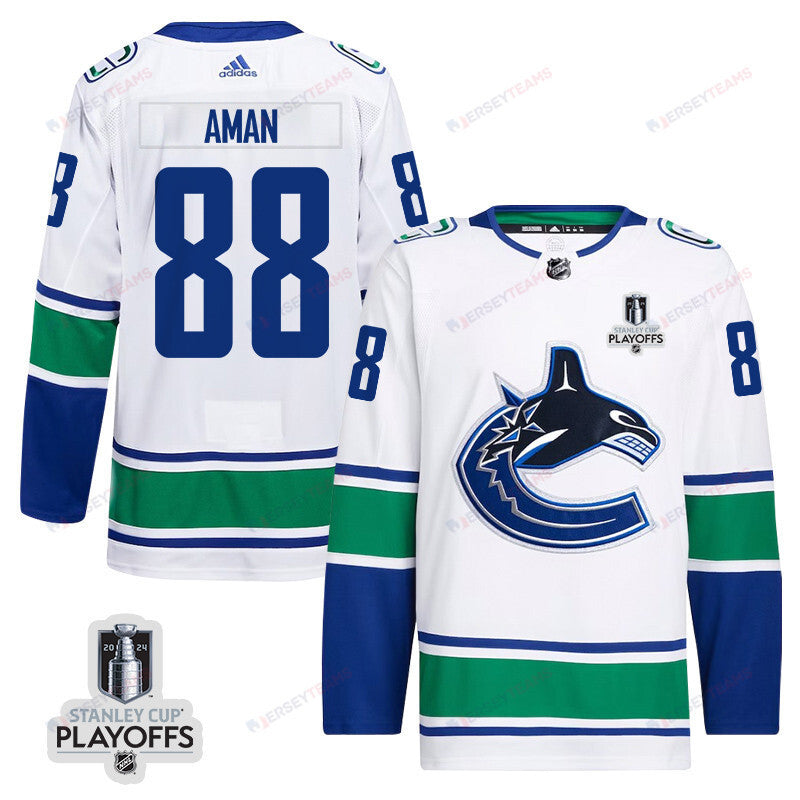 Nils Aman 88 Vancouver Canucks 2024 NHL Playoffs Patch Away Jersey - Men, White