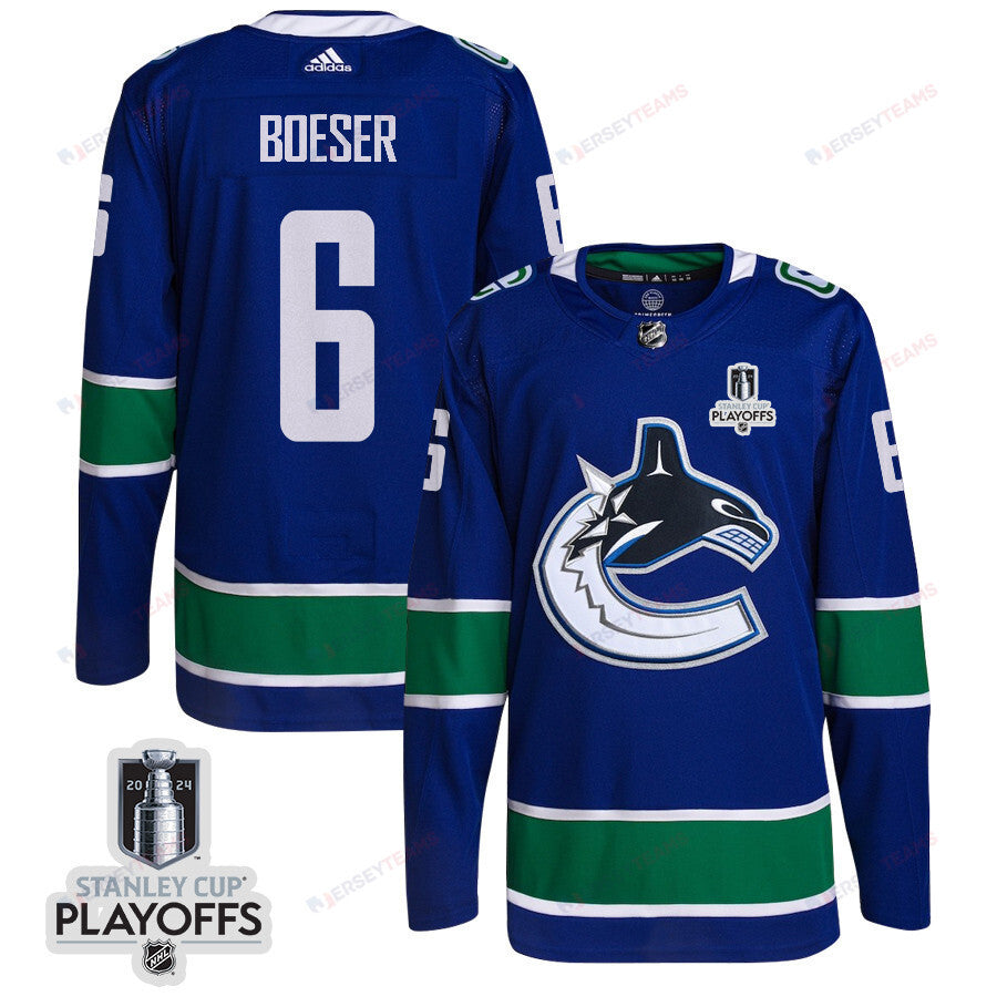 Brock Boeser 6 Vancouver Canucks 2024 NHL Playoffs Patch Home Jersey - Men, Blue