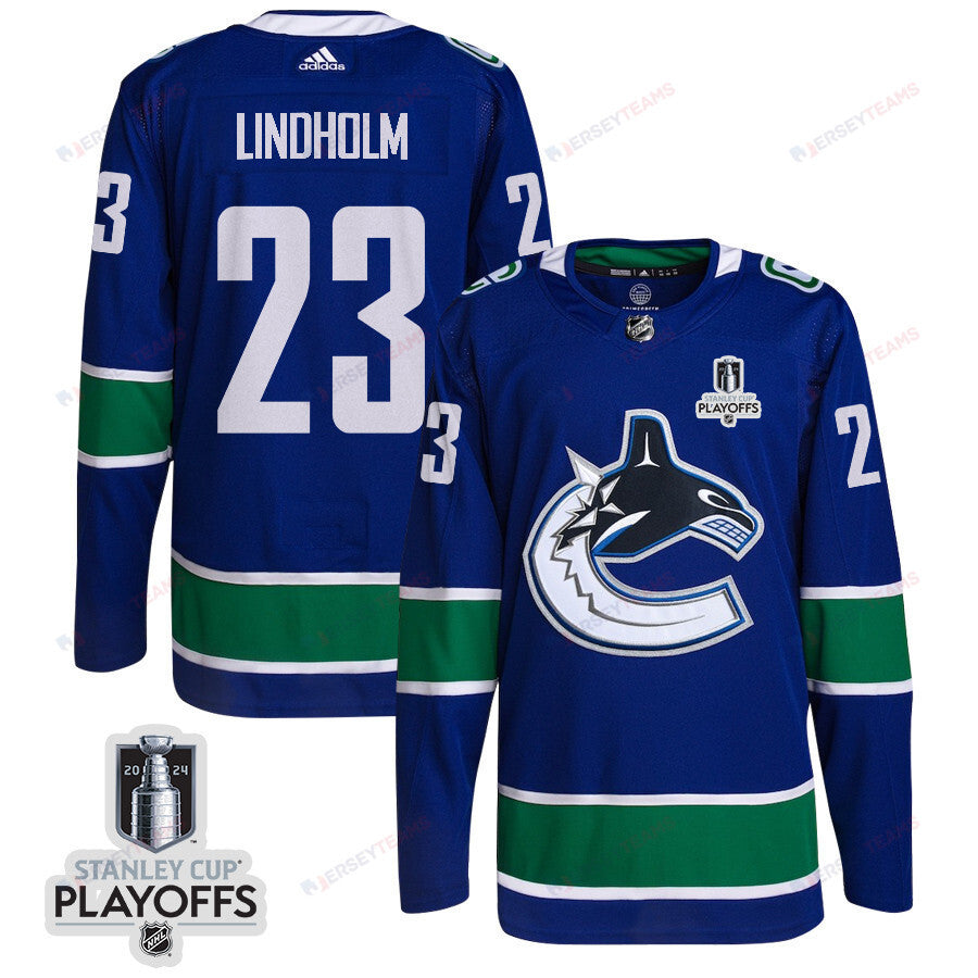 Elias Lindholm 23 Vancouver Canucks 2024 NHL Playoffs Patch Home Jersey - Men, Blue