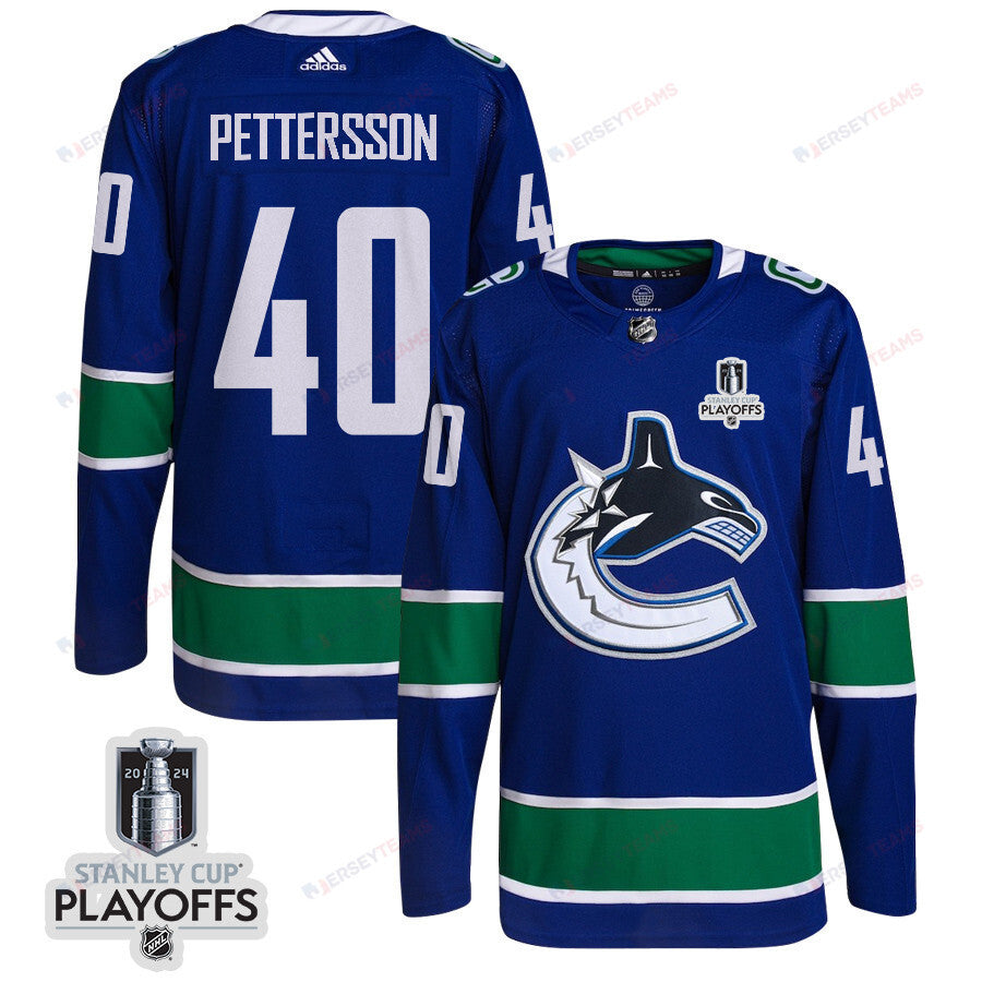 Elias Pettersson 40 Vancouver Canucks 2024 NHL Playoffs Patch Home Jersey - Men, Blue