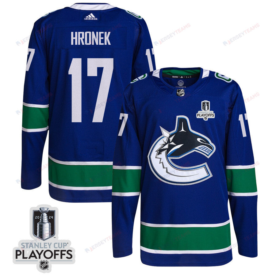 Filip Hronek 17 Vancouver Canucks 2024 NHL Playoffs Patch Home Jersey - Men, Blue