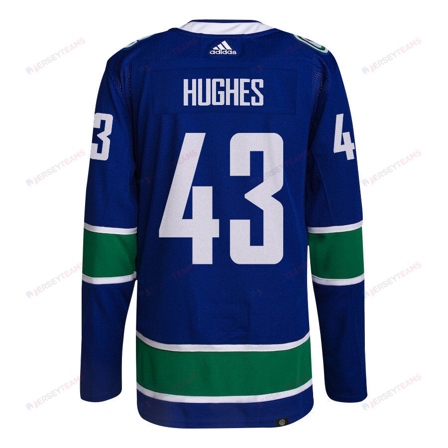 Quinn Hughes 43 Vancouver Canucks 2024 NHL Playoffs Patch Home Jersey - Men, Blue