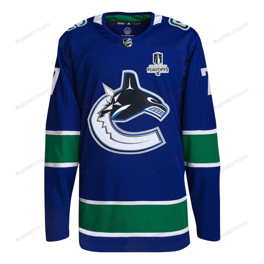 Carson Soucy 7 Vancouver Canucks 2024 NHL Playoffs Patch Home Jersey - Men, Blue