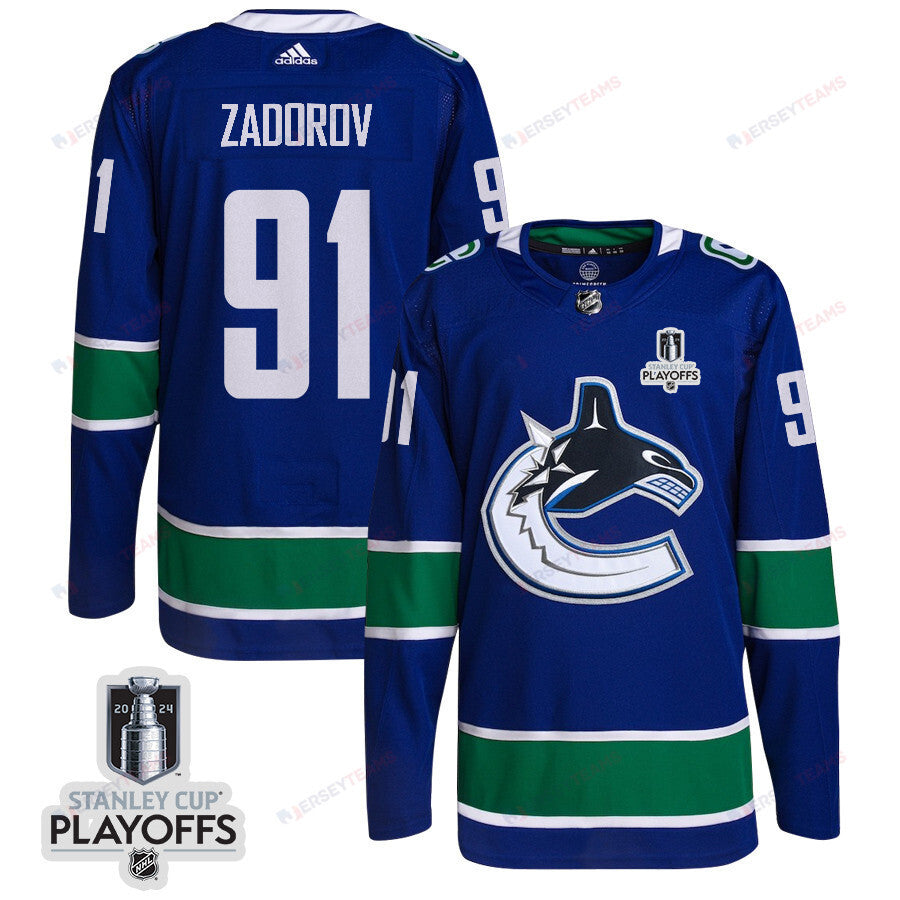 Nikita Zadorov 91 Vancouver Canucks 2024 NHL Playoffs Patch Home Jersey - Men, Blue