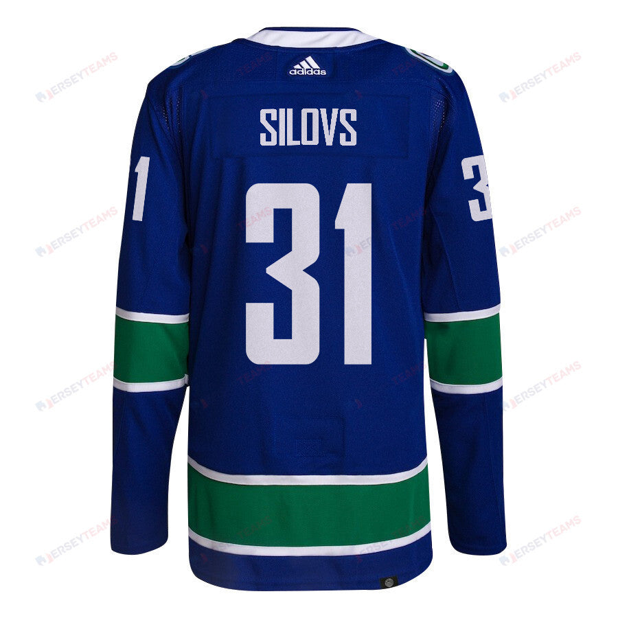 Arturs Silovs 31 Vancouver Canucks 2024 NHL Playoffs Patch Home Jersey - Men, Blue