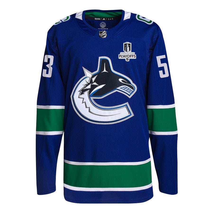 Teddy Blueger 53 Vancouver Canucks 2024 NHL Playoffs Patch Home Jersey - Men, Blue