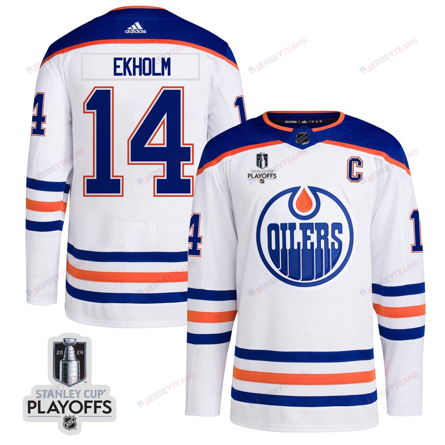 Mattias Ekholm 14 Edmonton Oilers 2024 NHL Playoffs Patch Away Jersey - Men, White
