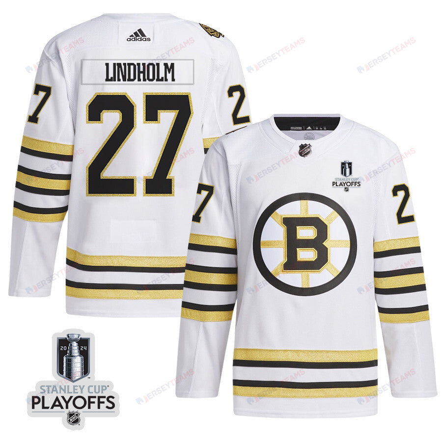 Hampus Lindholm 27 Boston Bruins 2024 NHL Playoffs Patch Away Jersey - Men, White
