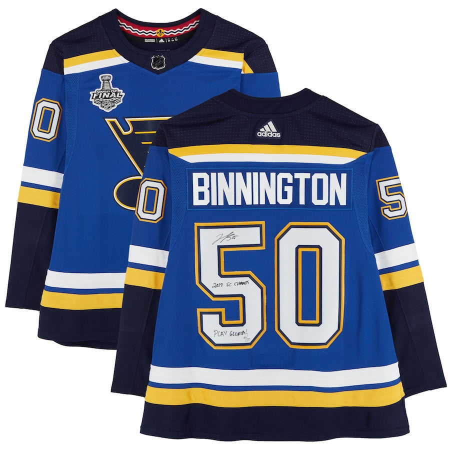 Jordan Binnington 50 Signed St. Louis Blues Autographed with 2019 Stanley Cup Final Patch & Multiple Inscriptions Jersey - Blue