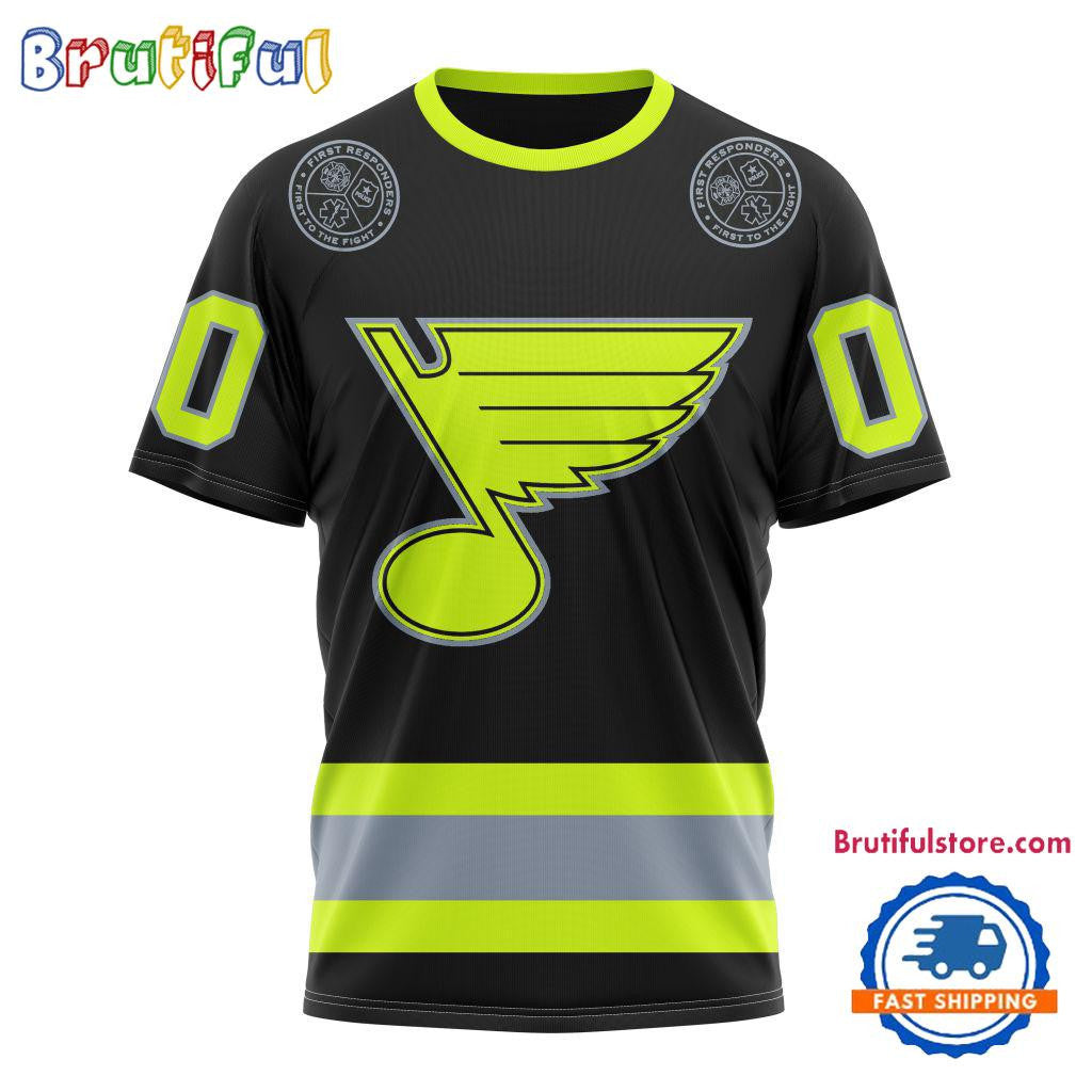 St. Louis Blues Specialized FireFighter Uniforms Color Design Custom Name Number All Over Printed T-shirt - Black